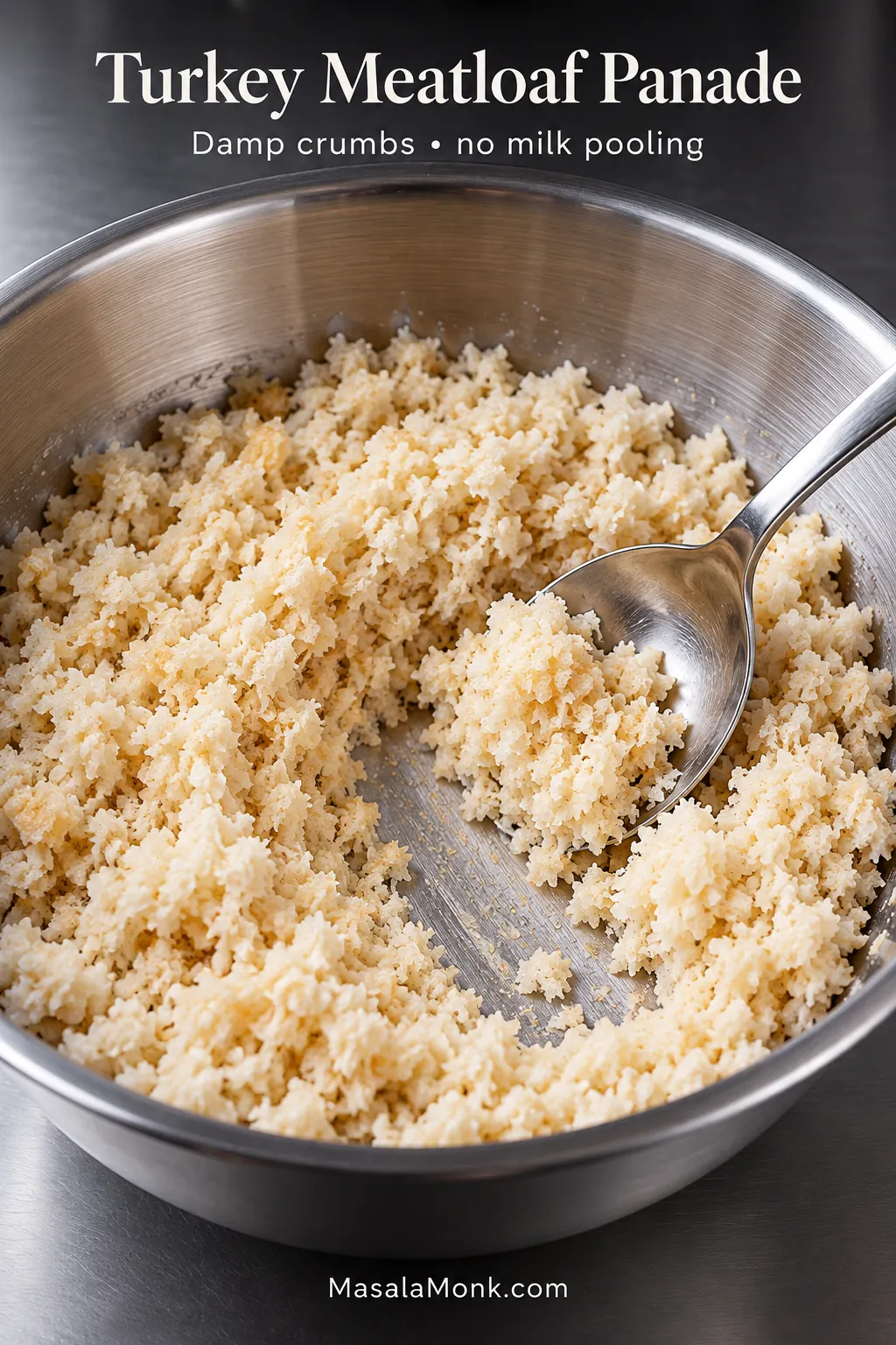 Close-up of softened panko breadcrumbs moistened with milk in a stainless bowl, with the crumbs damp and swollen rather than sitting in liquid.
