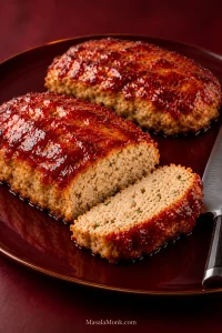 Two glazed turkey meatloaves on a burgundy plate, with one loaf cut open to show its pale cooked interior and a thick slice in front.