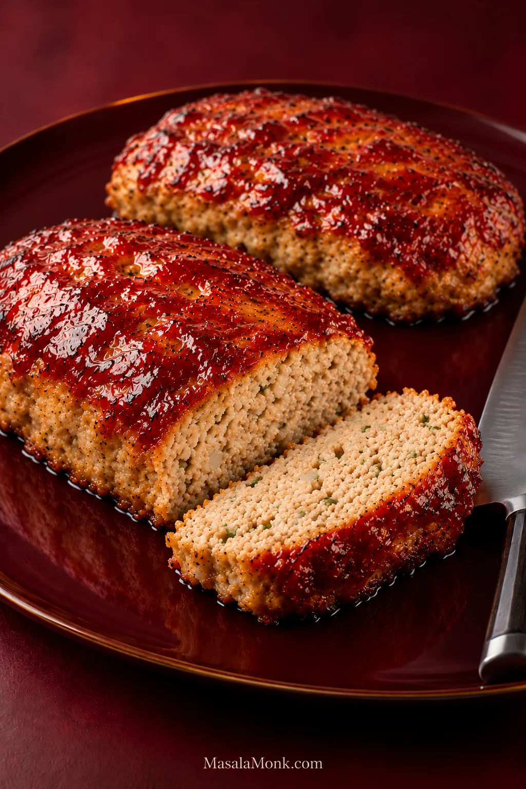 Two glazed turkey meatloaves on a burgundy plate, with one loaf cut open to show its pale cooked interior and a thick slice in front.