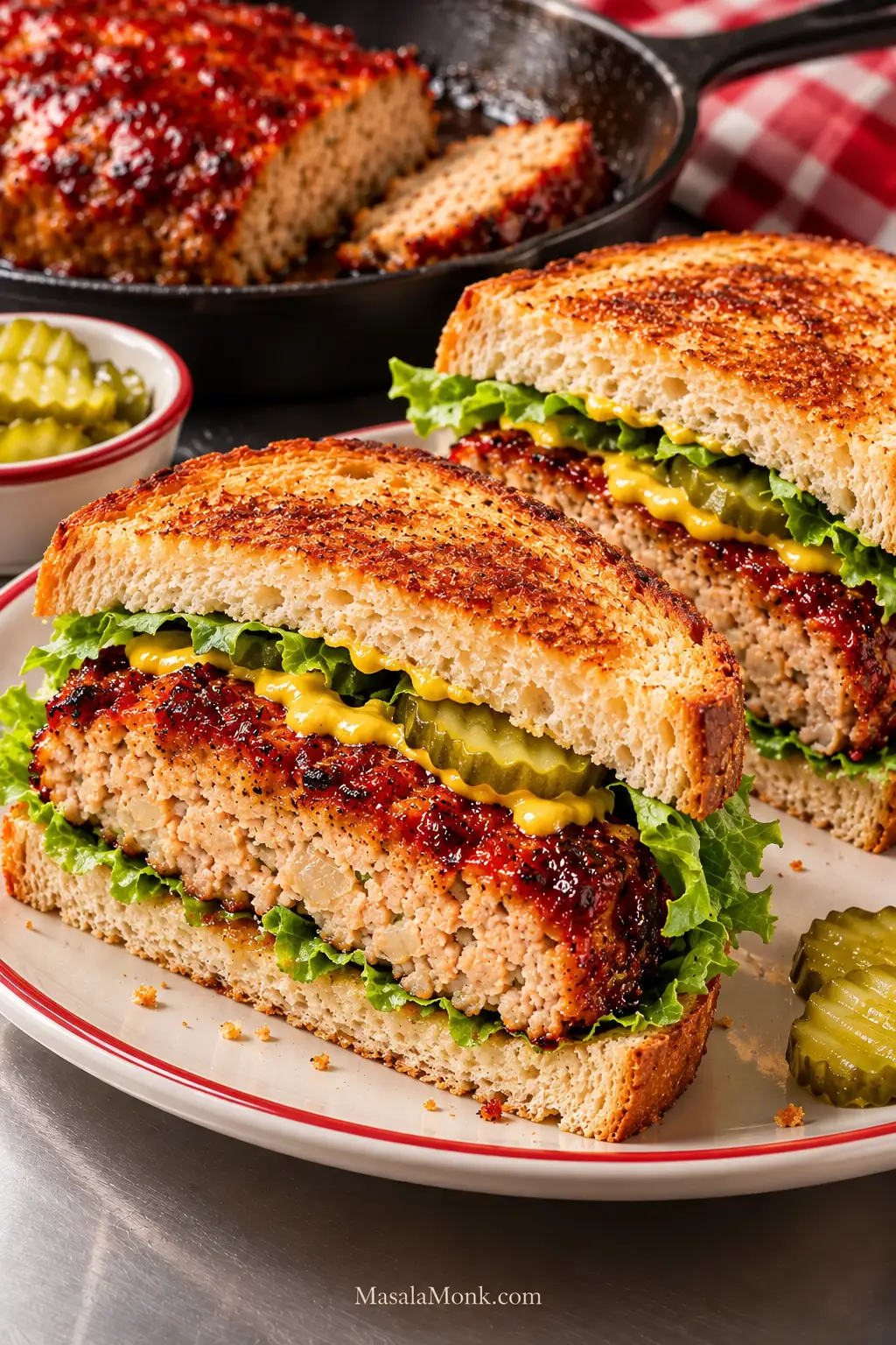 Two turkey meatloaf sandwich halves with skillet-browned meatloaf, mustard, pickle slices and green lettuce on toasted bread, with a skillet in the background.