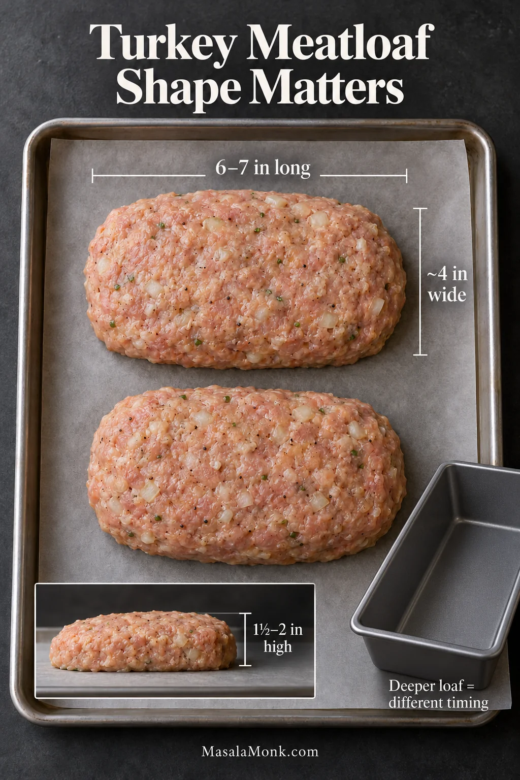Two raw free-form turkey meatloaves on a tray with measurements indicating roughly 6 to 7 inches long, 4 inches wide and 1½ to 2 inches high, beside a loaf pan for comparison.