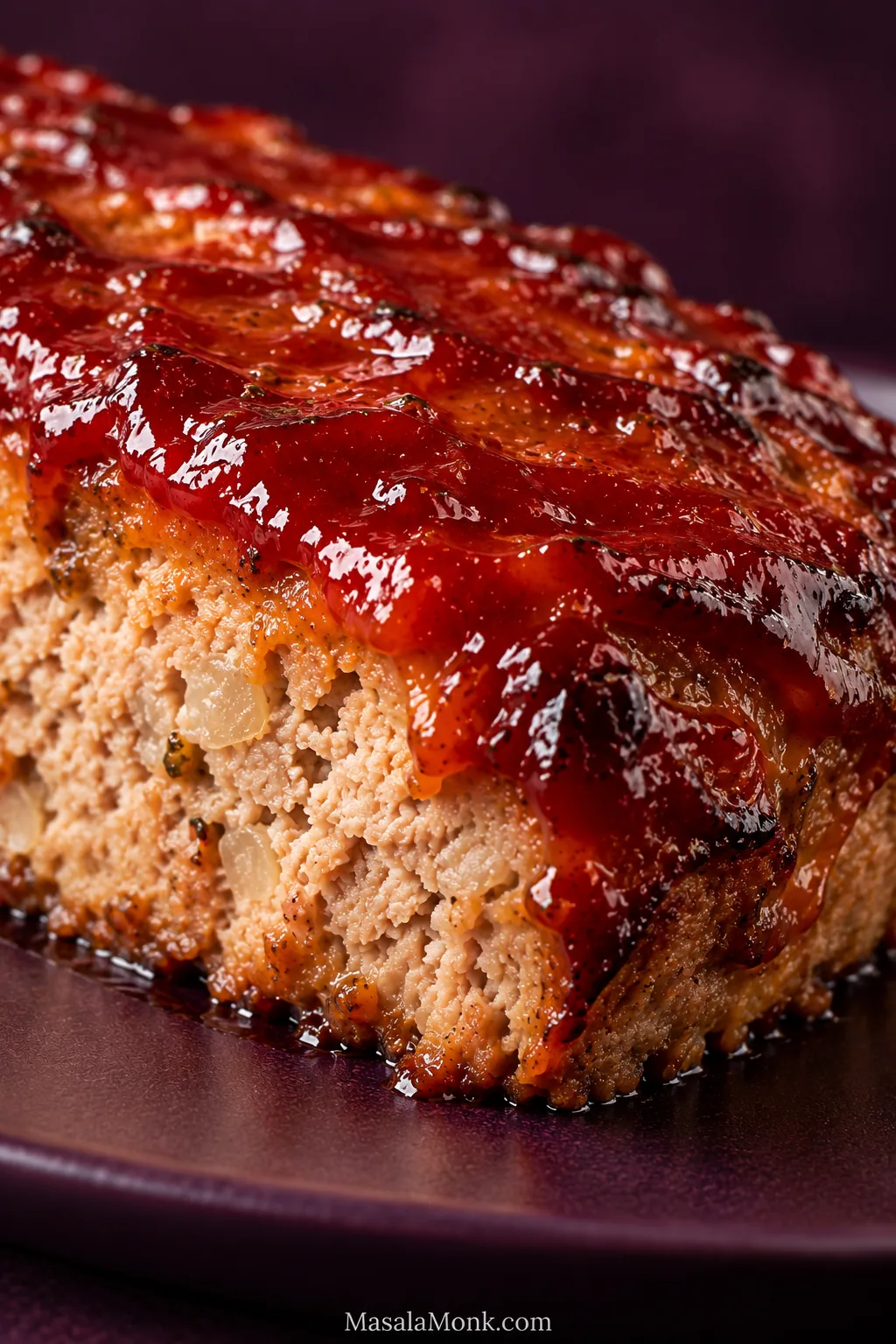 Extreme close-up of baked turkey meatloaf with a thick glossy red glaze, caramelized dark edges and a small section of pale cooked turkey visible underneath.