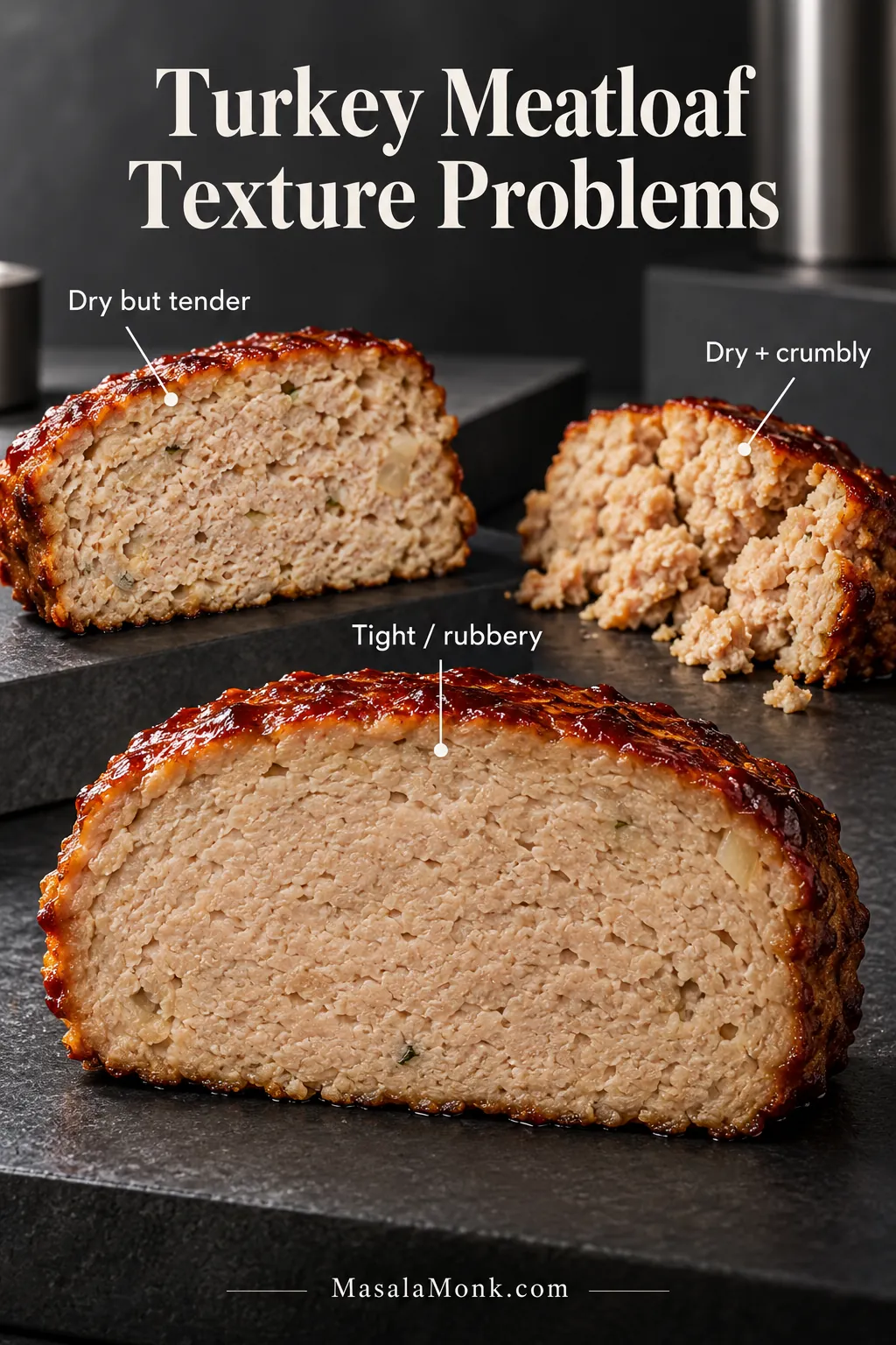 Three turkey meatloaf slices side by side showing dry but tender, tight and rubbery, and dry crumbly textures.