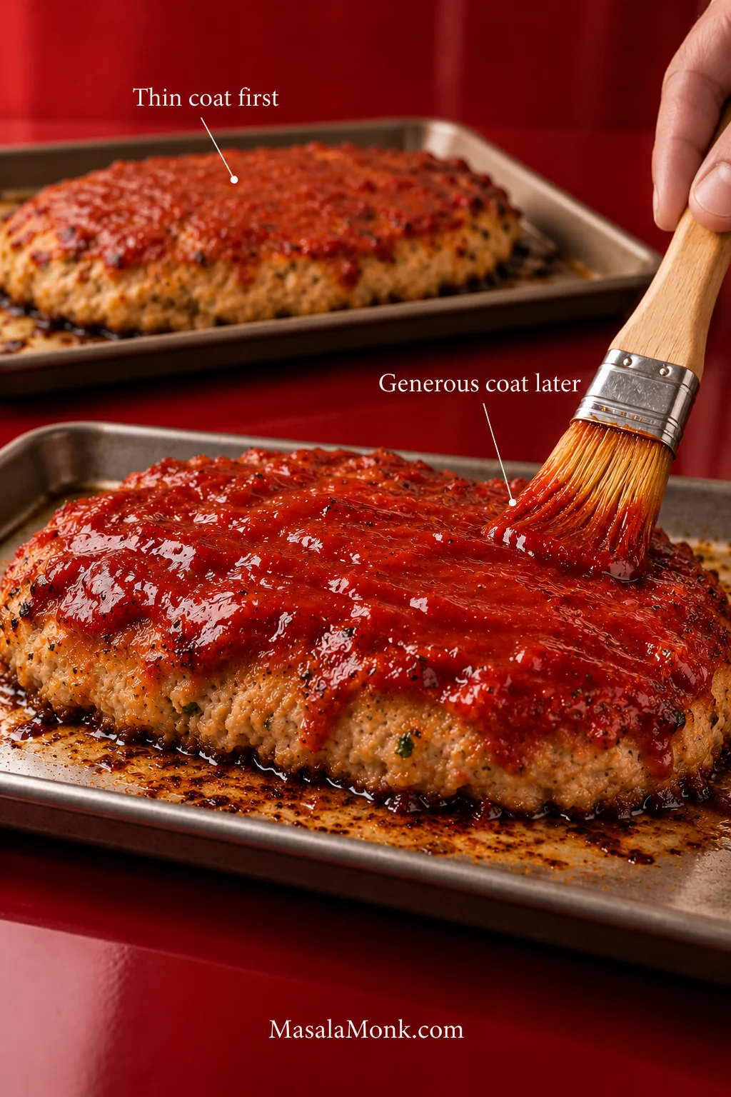 Two shallow turkey meatloaves showing two glazing stages, with a thin cooked-on first coat and a thicker glossy red glaze being spread over the second loaf.