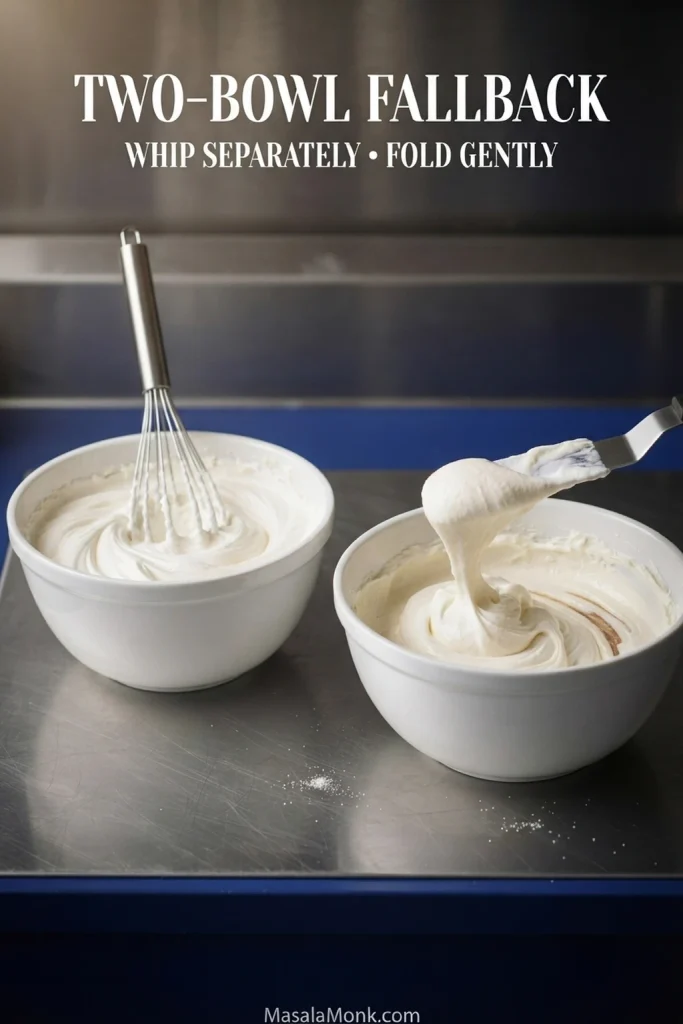 Whipped cream in one bowl and smooth cream cheese mixture in another as the two mixtures are gently folded together with a spatula.