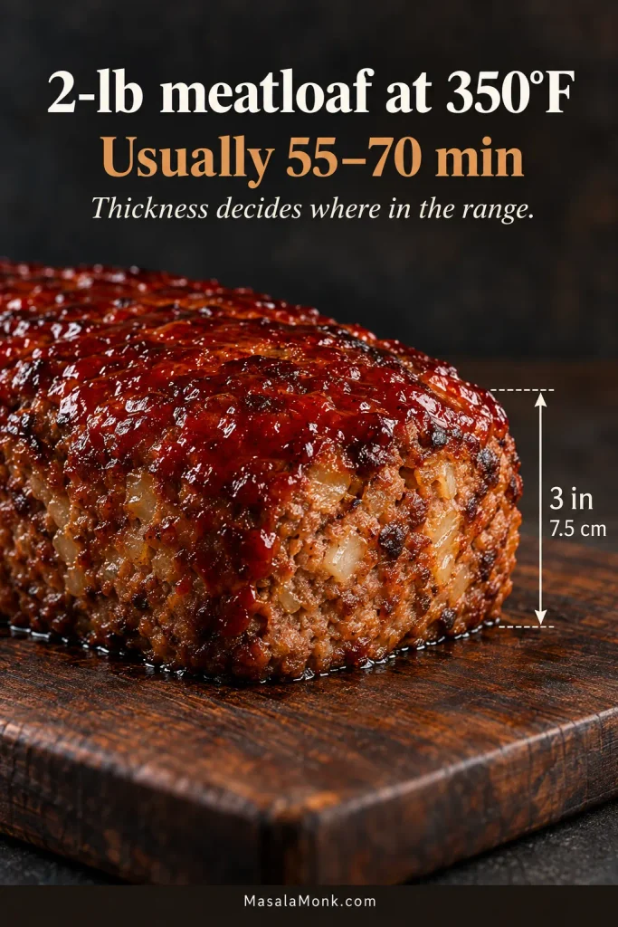 Finished glazed 2-pound meatloaf shown from the side with a height marker of about 3 inches or 7.5 centimeters and text noting a typical 55–70 minute bake at 350°F.