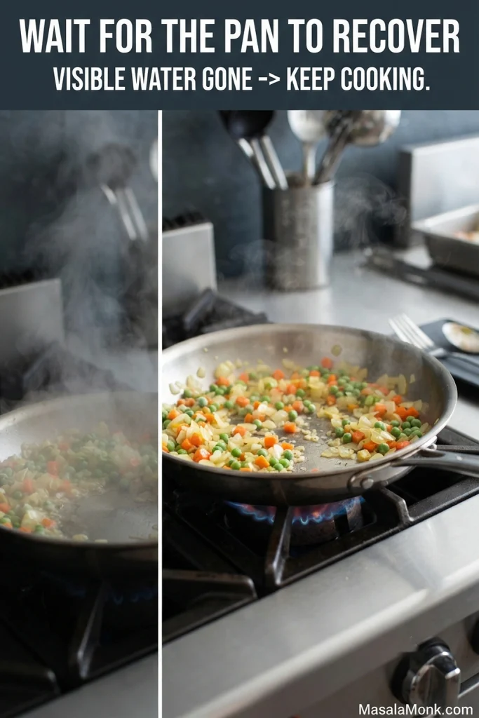 Frozen peas and carrots shown steaming with visible moisture compared with hot vegetables after the excess water has evaporated.