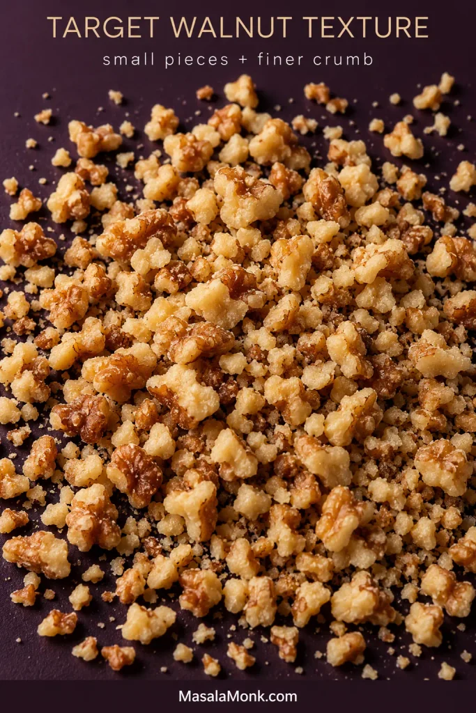 Macro close-up of chopped walnuts for baklava filling, showing small irregular walnut fragments mixed with finer crumbs.