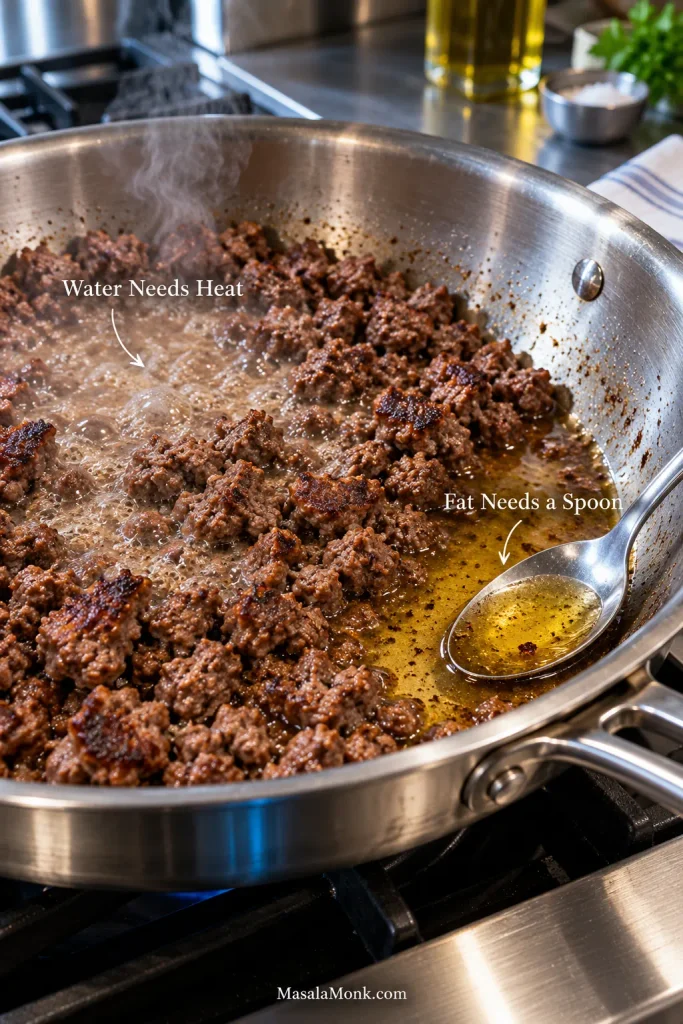 Ground beef browning in a stainless skillet with cloudy bubbling cooking liquid and a clearer golden pool of rendered fat being lifted with a spoon.