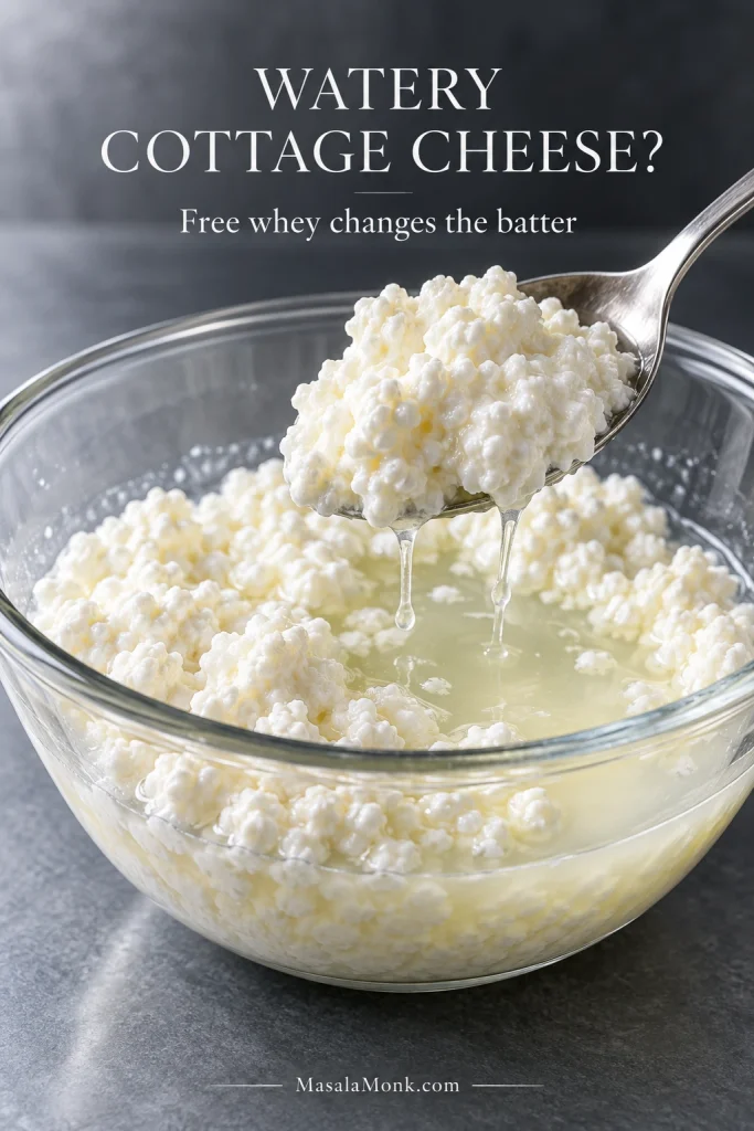 Cottage cheese in a clear bowl with visible liquid whey separated and pooled around the curds.
