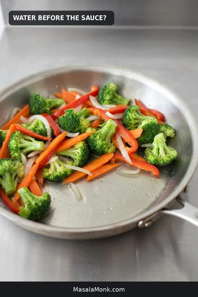 Broccoli, carrot, red pepper and onion in a stainless skillet with a pool of clear vegetable water before sauce is added.
