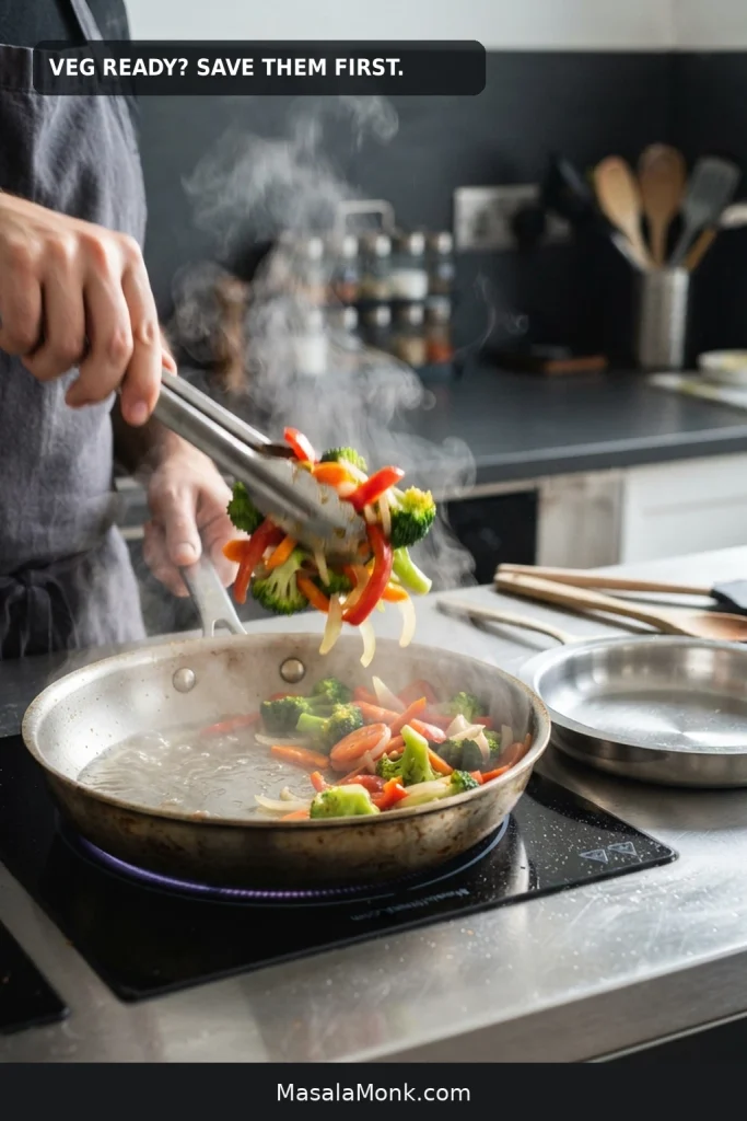 Tongs lifting crisp-tender vegetables from a wet stainless skillet so the remaining clear water can evaporate.