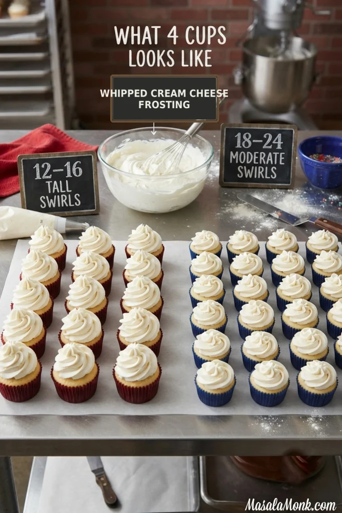 Cupcakes with tall and moderate whipped cream cheese frosting swirls illustrating how about four cups of frosting can provide different coverage.