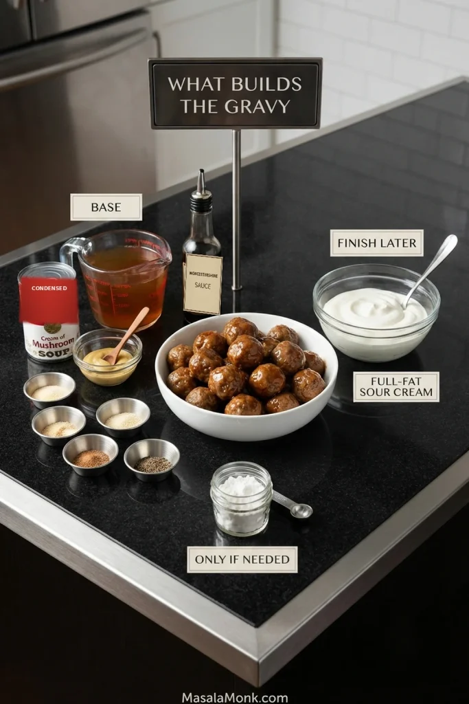 Ingredients for Crock Pot Swedish meatball gravy arranged in groups labeled Base, Finish Later and Only If Needed, with meatballs, broth, seasonings, sour cream and cornstarch.