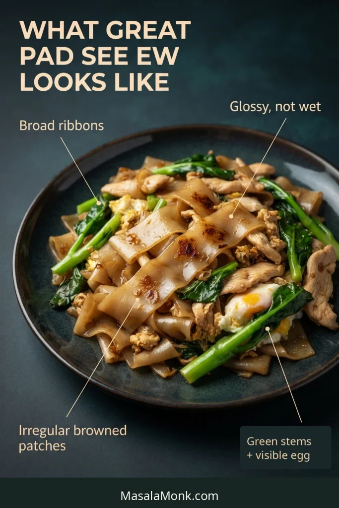 Finished Pad See Ew with callouts showing broad ribbons, glossy noodles, irregular browned patches, green gai lan stems and visible egg.