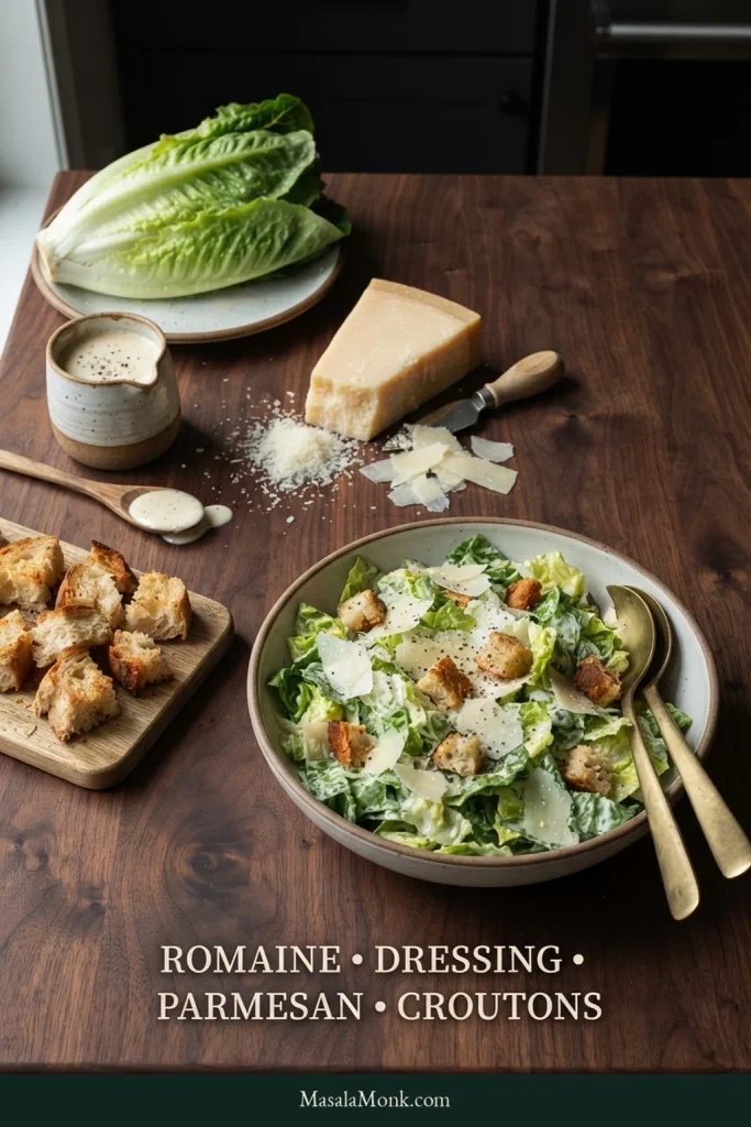 Romaine hearts, creamy Caesar dressing, Parmesan, toasted croutons and a finished Caesar salad arranged together on a wooden table.