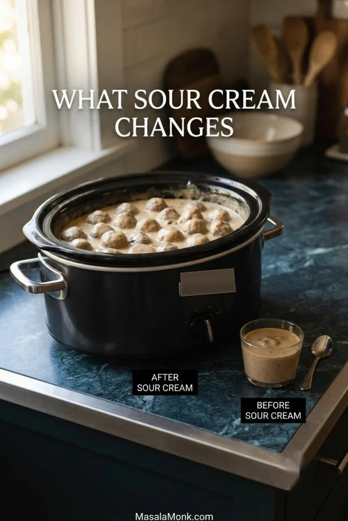 Slow cooker filled with Swedish meatballs in pale finished gravy beside a small cup of darker gravy from before the sour cream was added; labels compare before and after.