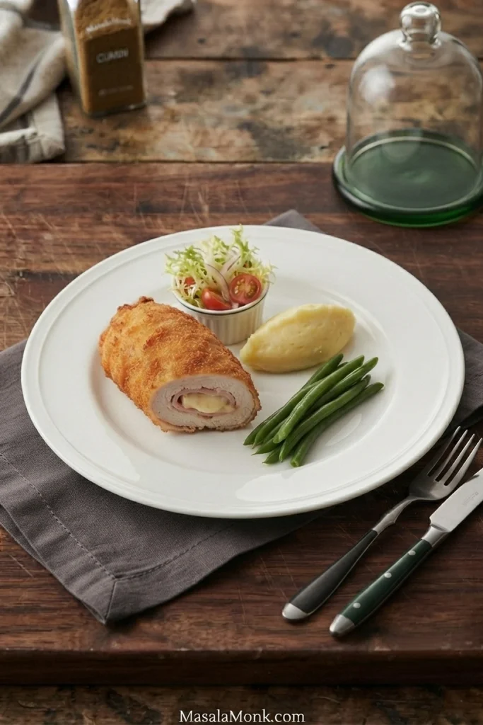 Chicken Cordon Bleu served with green beans, mashed potatoes and a small salad of leafy greens and tomatoes.