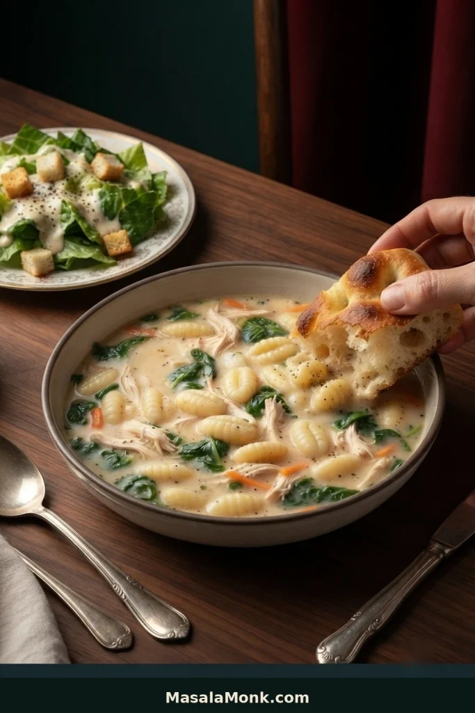 Bowl of creamy chicken gnocchi soup served with crusty bread and a romaine salad with croutons.