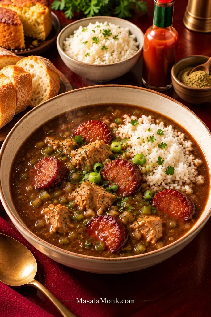Chicken and andouille gumbo with rice surrounded by hot sauce, filé powder, bread, cornbread and a separate bowl of white rice.