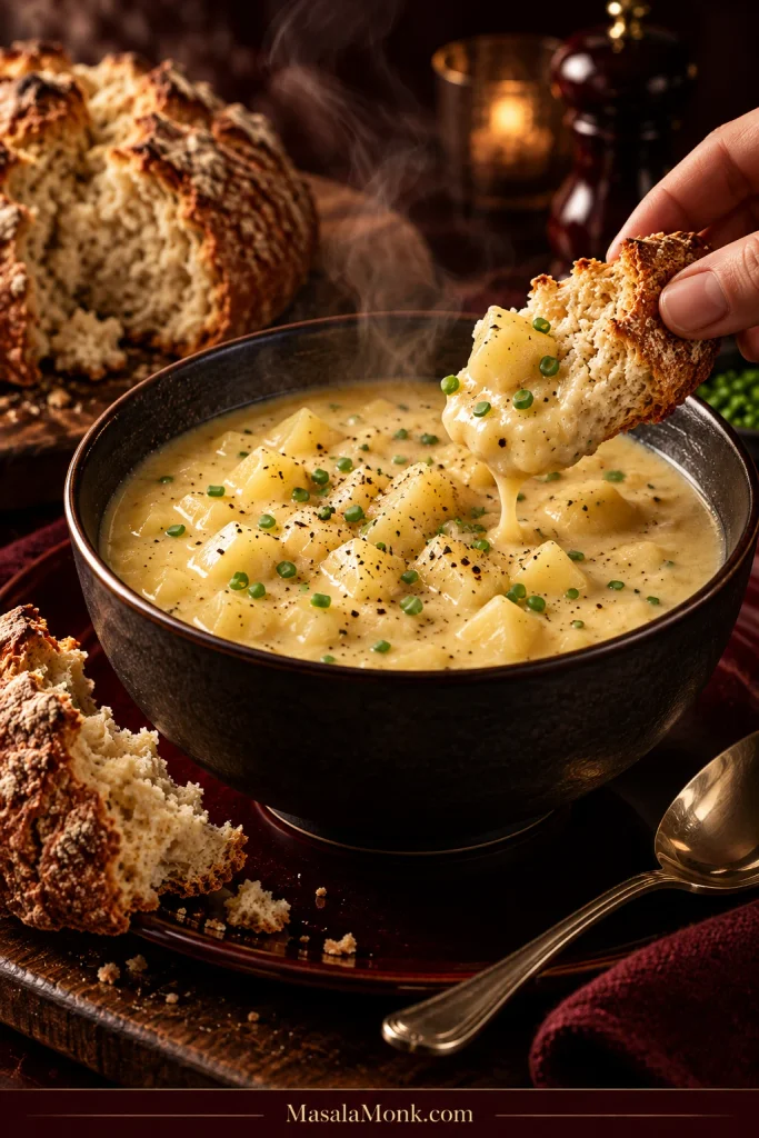 Hand dipping a torn piece of crusty soda bread into a steaming bowl of creamy potato soup.