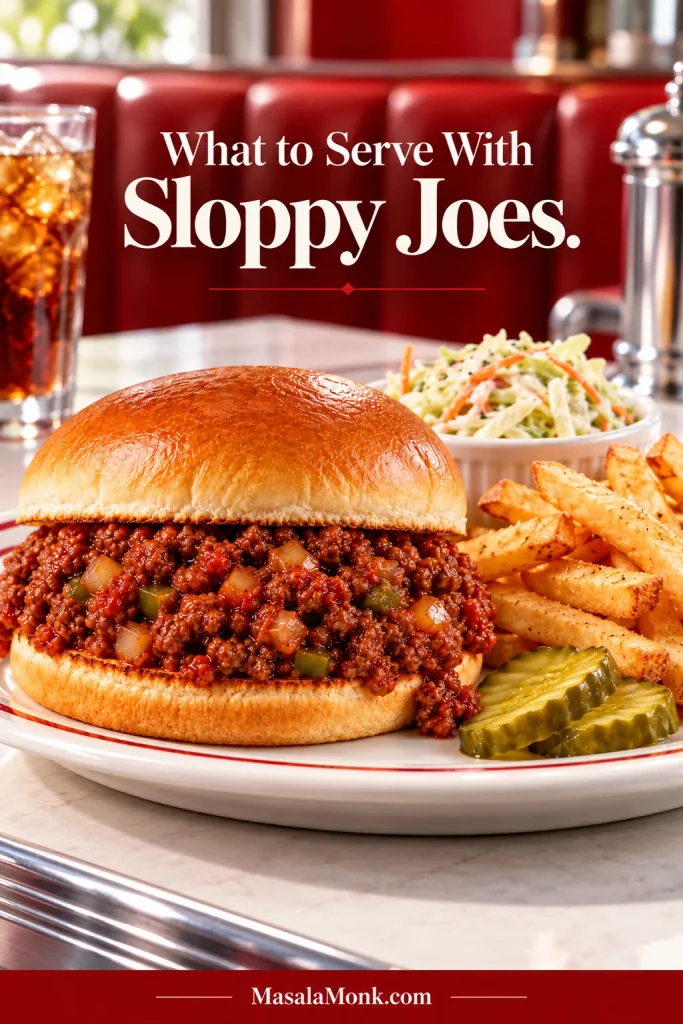 Sloppy Joe sandwich served with golden French fries, creamy coleslaw and dill pickle slices on a plate in a bright modern diner setting.