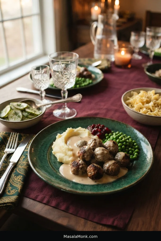 Swedish meatballs with creamy gravy and mashed potatoes served with peas, lingonberry jam, cucumber and egg noodles.
