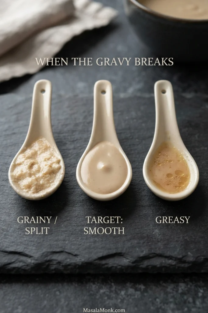 Three gravy samples labeled grainy or split, greasy, and target smooth, showing curdled texture, surface oil and a smooth creamy sauce for comparison.