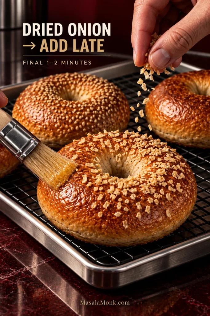 Nearly baked golden bagel being brushed with egg wash and topped with pale dried onion pieces during the final minutes of baking.