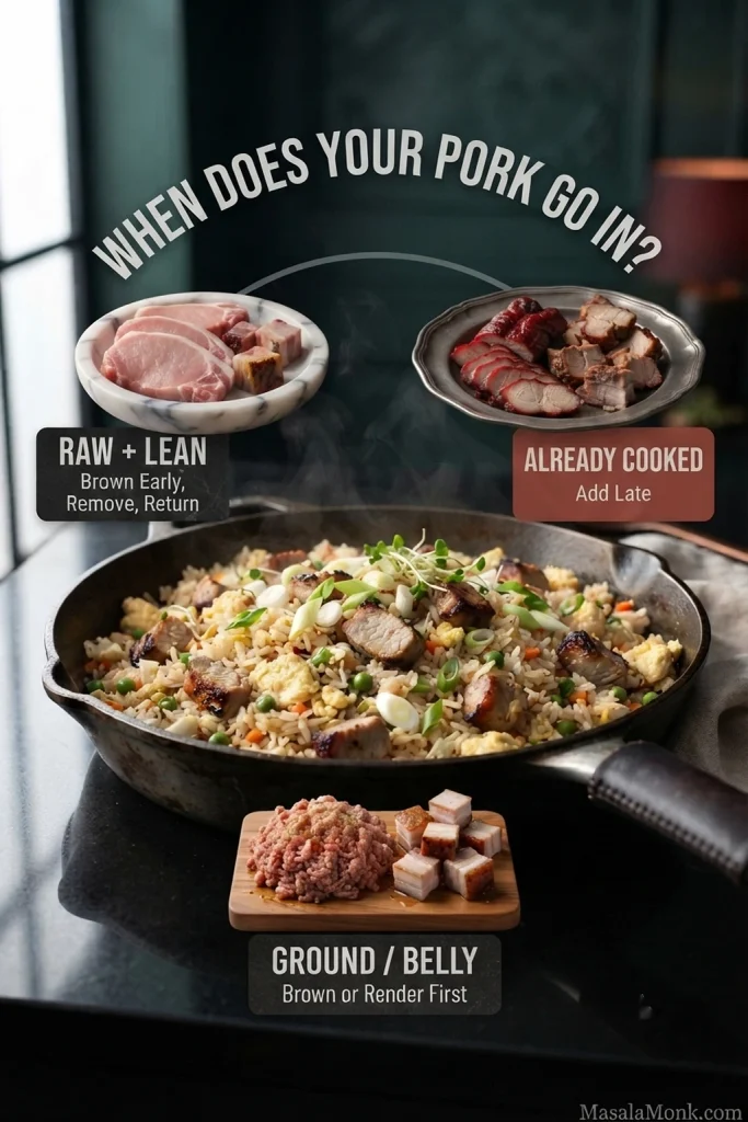 Pork loin, char siu, ground pork, leftover pork and pork belly shown with the best timing for fried rice.