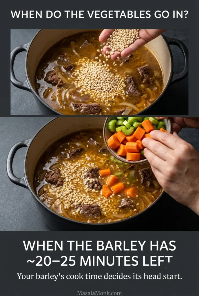 Two-stage cooking graphic showing pearl barley added to beef broth first and chopped carrots and celery added later, when the barley has about 20–25 minutes left.