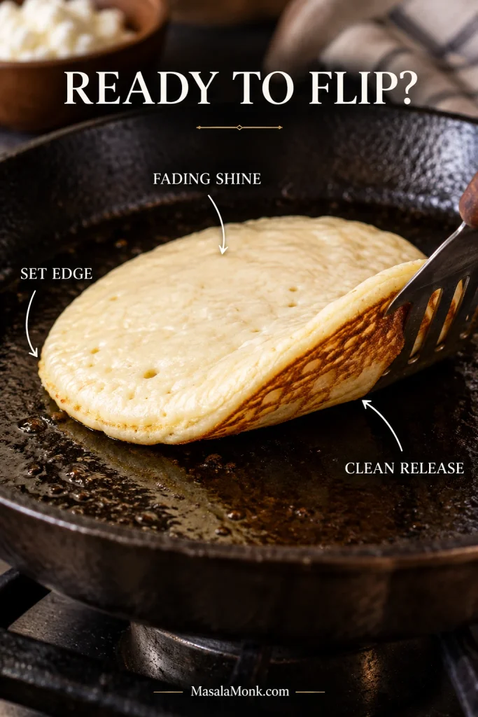 Cottage cheese pancake with a set edge and fading surface shine as a spatula lifts it to reveal an evenly golden underside.