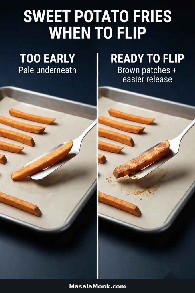 Comparison of sweet potato fries lifted from baking sheets, showing a pale underside that is not ready to flip and a browned underside that releases cleanly.
