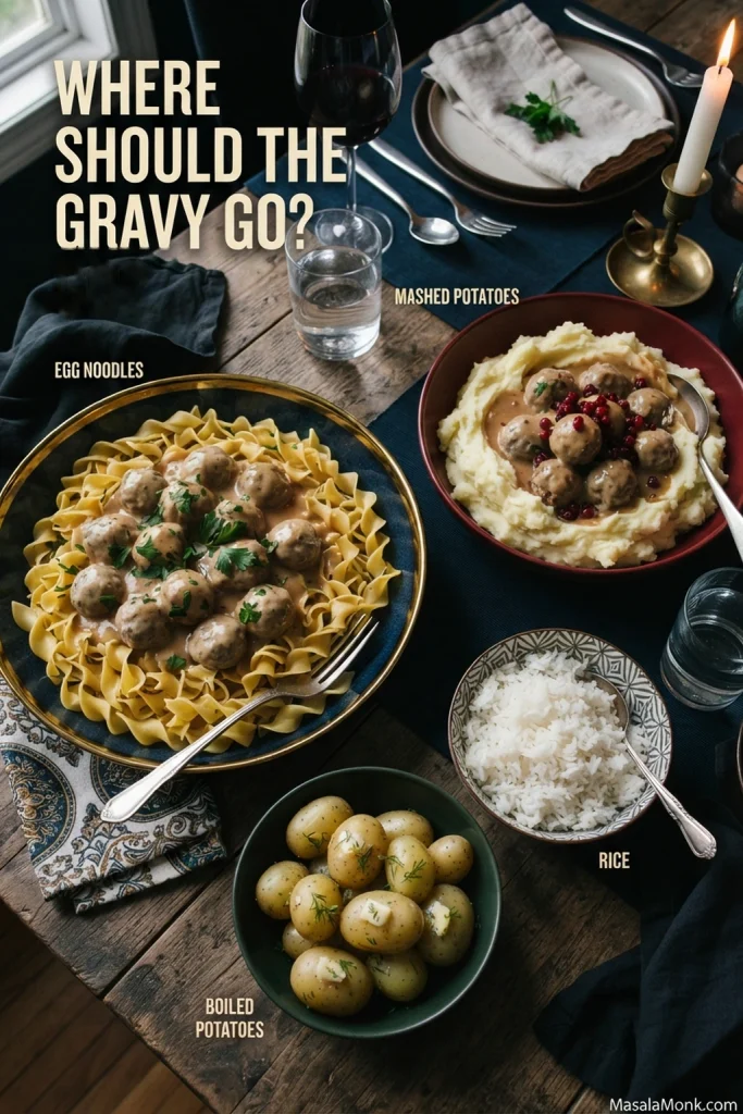 Four serving options for creamy Swedish meatballs arranged together: wide egg noodles, mashed potatoes, boiled potatoes and white rice.