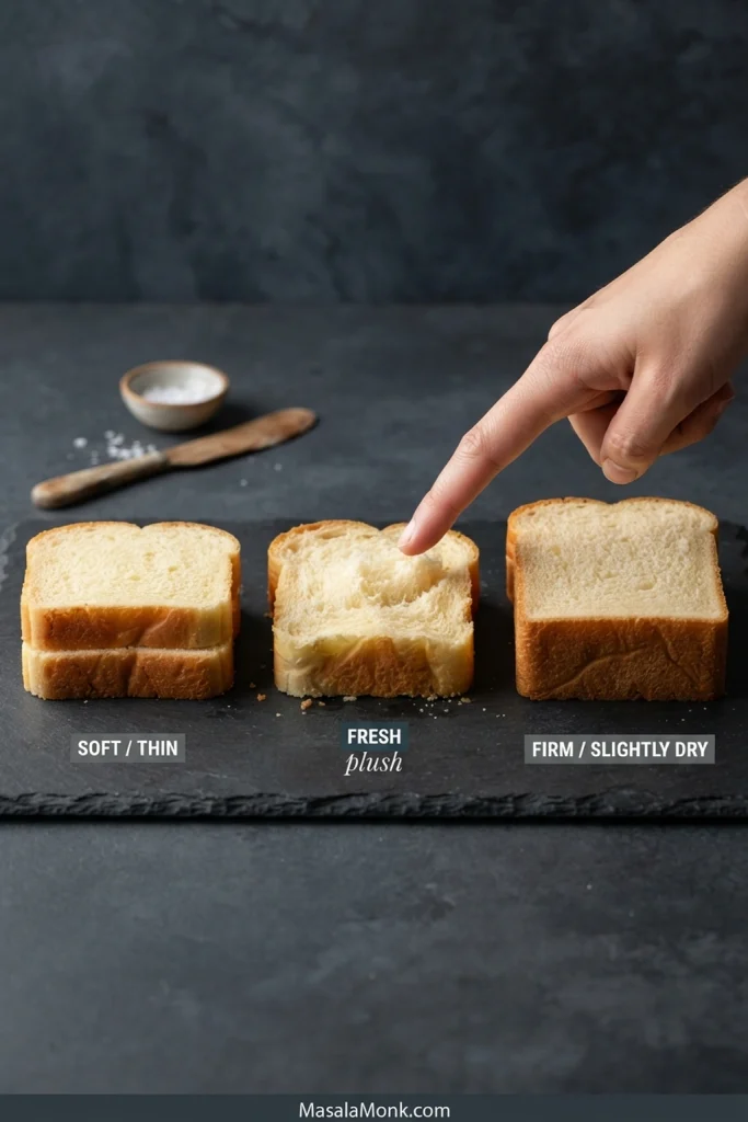 Three brioche starting states: thin packaged slices, a soft fresh slice being pressed, and a firmer, slightly dry slice.