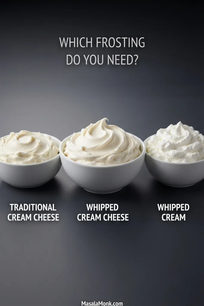Side-by-side comparison of traditional cream cheese frosting, whipped cream cheese frosting and plain whipped cream showing their different textures.