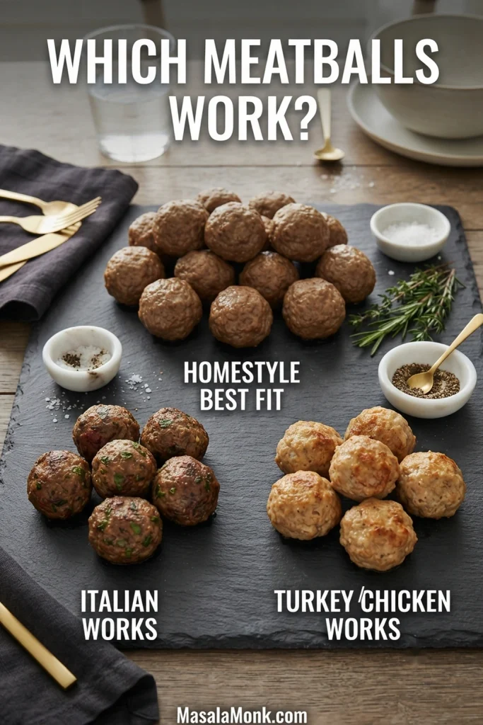 Three types of fully cooked meatballs compared on a board: homestyle marked best fit, Italian marked works, and lighter turkey or chicken meatballs marked works.