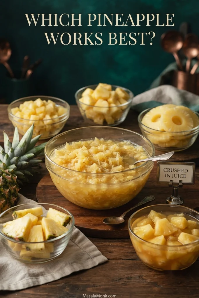 Comparison of crushed pineapple in juice with pineapple tidbits, chunks, rings, syrup-packed pineapple and fresh pineapple.