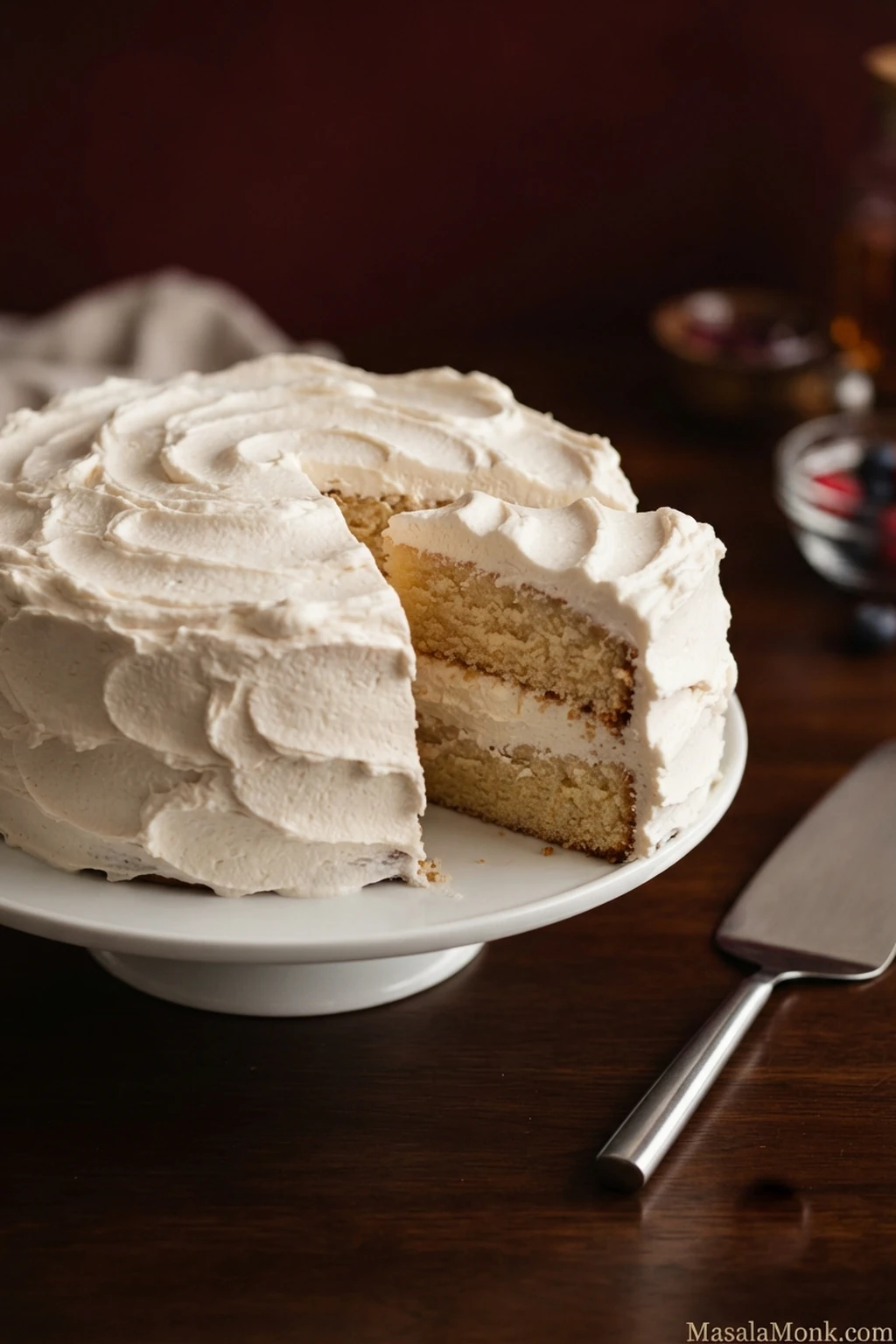 Two-layer cake covered in pale whipped cream cheese frosting with a cut slice showing the creamy filling between the cake layers.