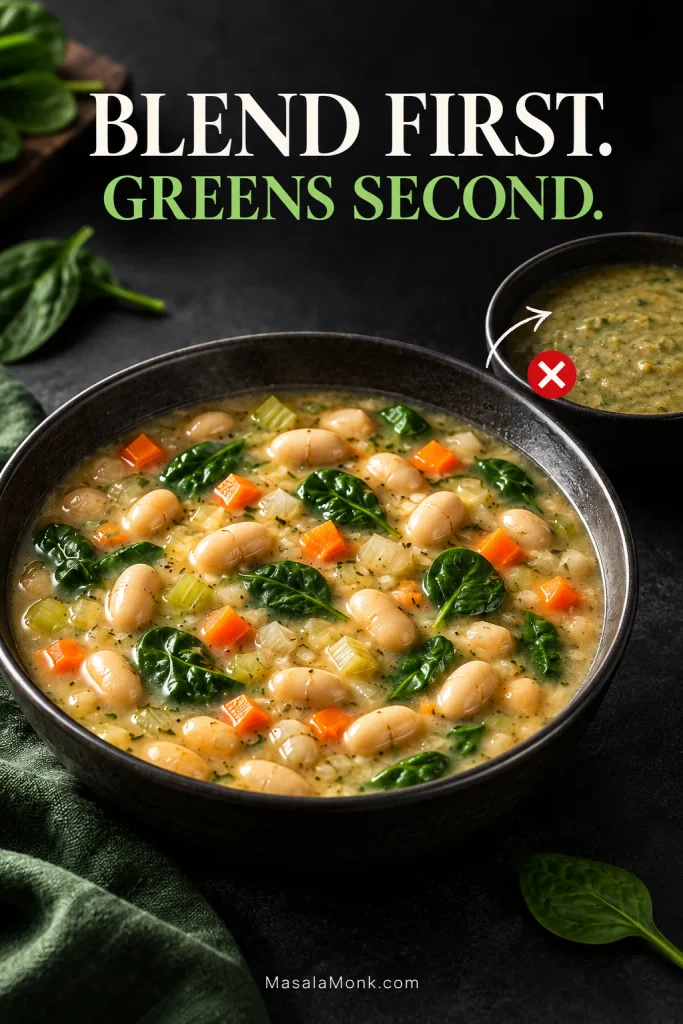 Creamy white bean soup with distinct spinach beside a smaller muddy green over-blended version, labeled “Blend first. Greens second.”