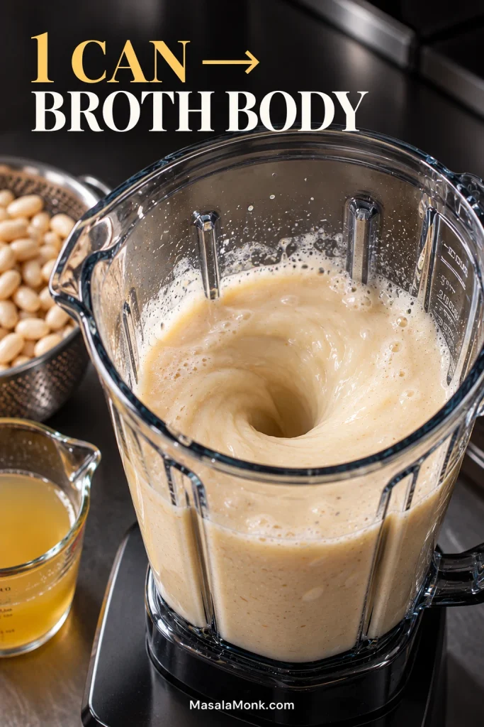 Clear blender jar swirling cannellini beans and broth into a smooth, pale, pourable bean mixture.