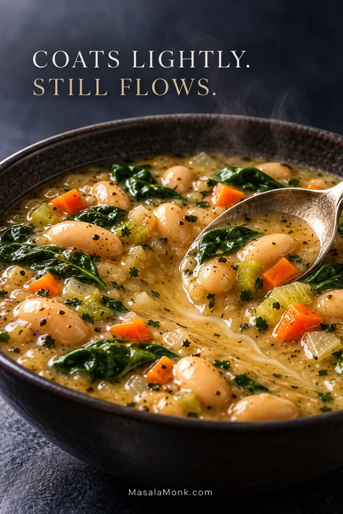 Spoon drawn through creamy white bean soup, leaving a temporary channel as the broth begins moving back into place.