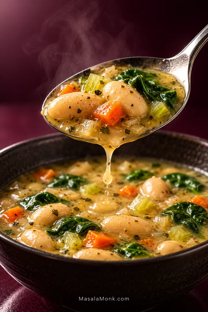 Close-up spoon holding cannellini beans, spinach and diced vegetables coated in creamy white bean soup broth.