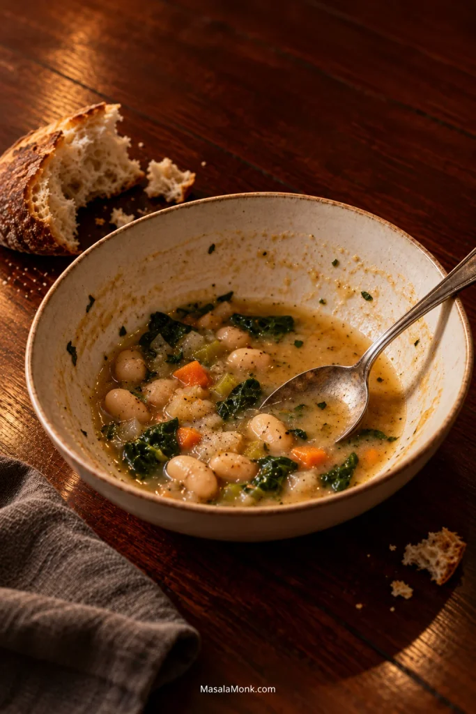 Partly eaten bowl of white bean soup with a spoon resting inside and torn bread on a warm wooden table.