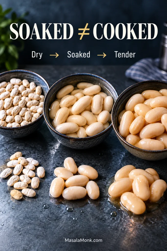 White beans shown dry, swollen after soaking and fully plump after cooking, with the words “Soaked ≠ Cooked.”