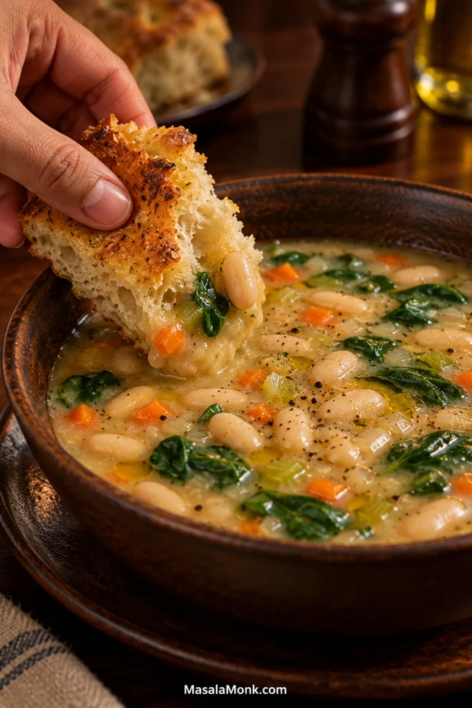 Hand dipping torn focaccia into creamy white bean soup, with broth and a cannellini bean clinging to the bread.