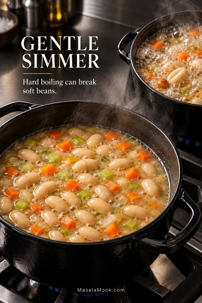White bean soup at a gentle simmer in the foreground with a more vigorously boiling example shown behind it.