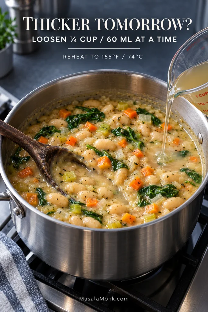 Thick leftover white bean soup in a stainless saucepan while liquid is poured in from a measuring cup for reheating.