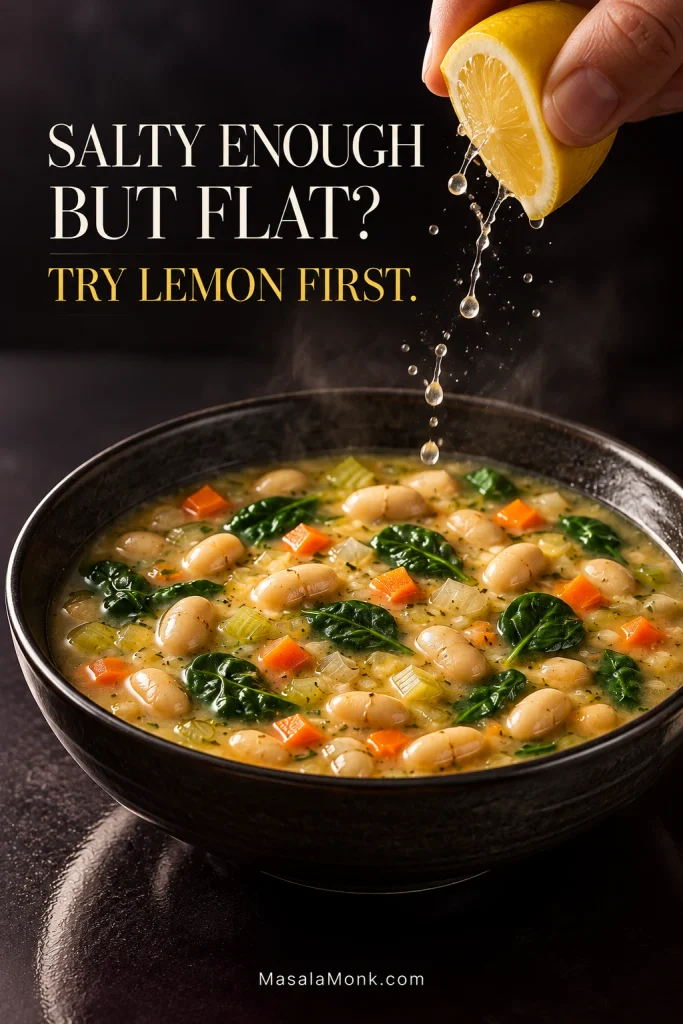 Lemon being squeezed over creamy white bean soup, with droplets falling toward whole beans and spinach.
