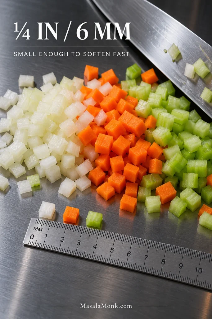 Small diced pieces of onion, carrot and celery beside a ruler showing a size of about one-quarter inch or 6 millimeters.